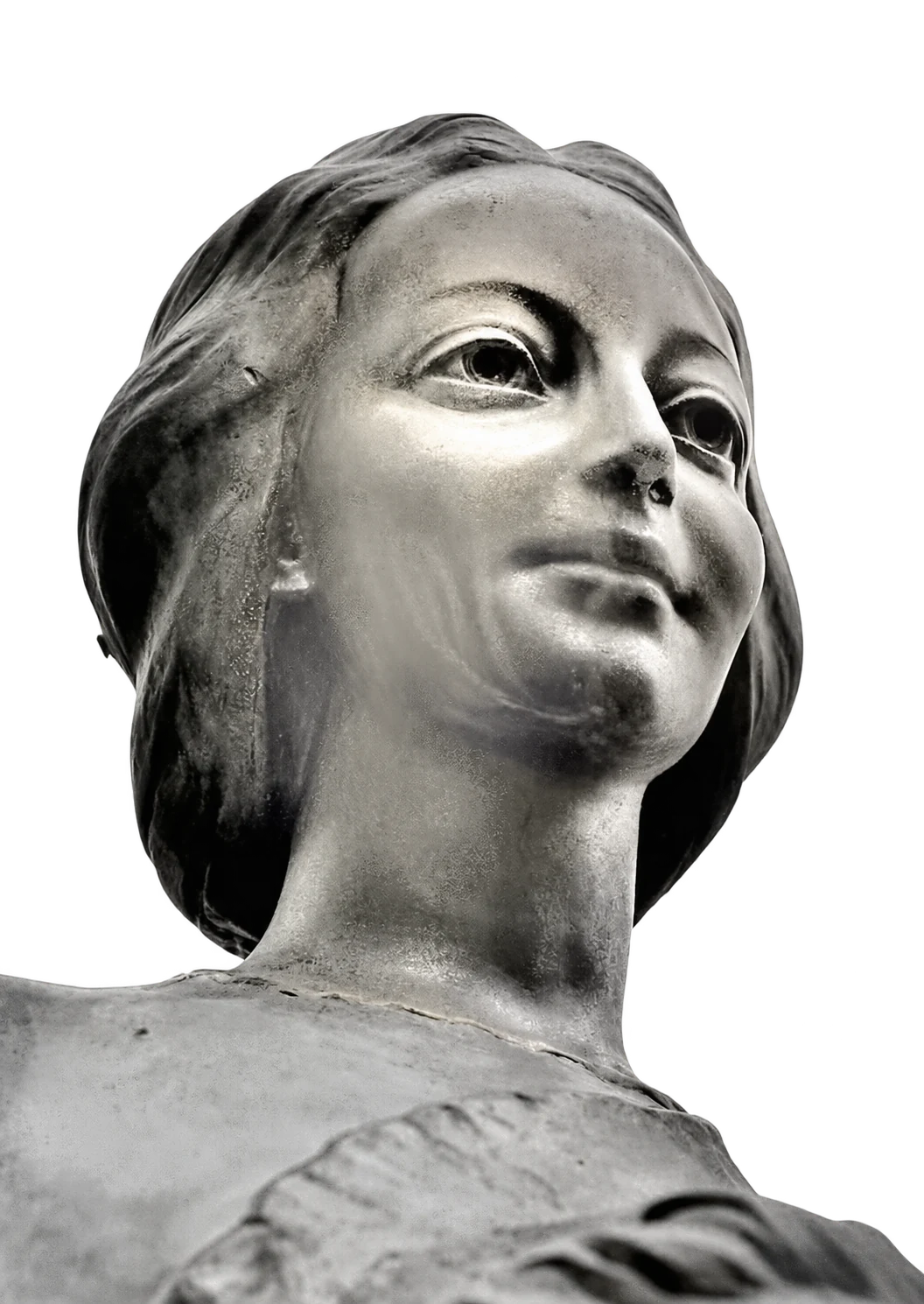 Détail de la statue Notre-Dame du Monde, cadré en contre-plongée