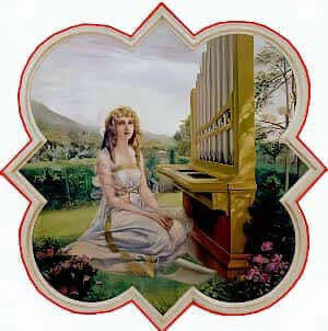 Sainte Cécile devant un orgue dans un verger